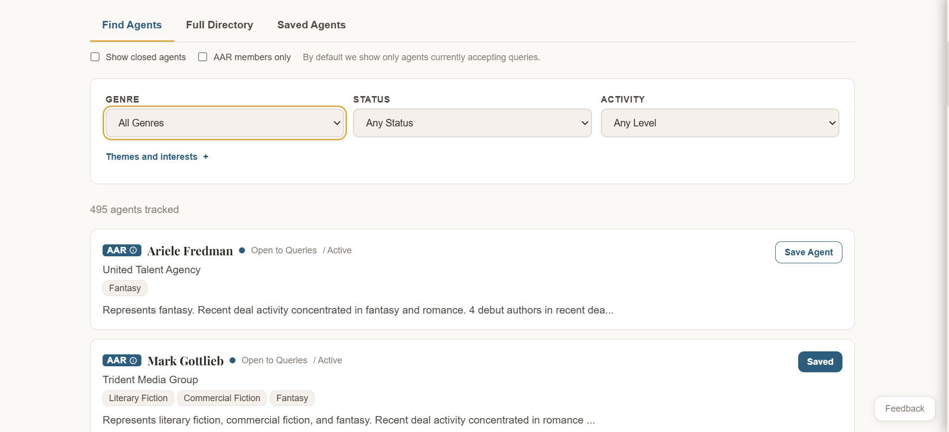 Galley Agent Directory showing filtered agent cards with genre and status filters