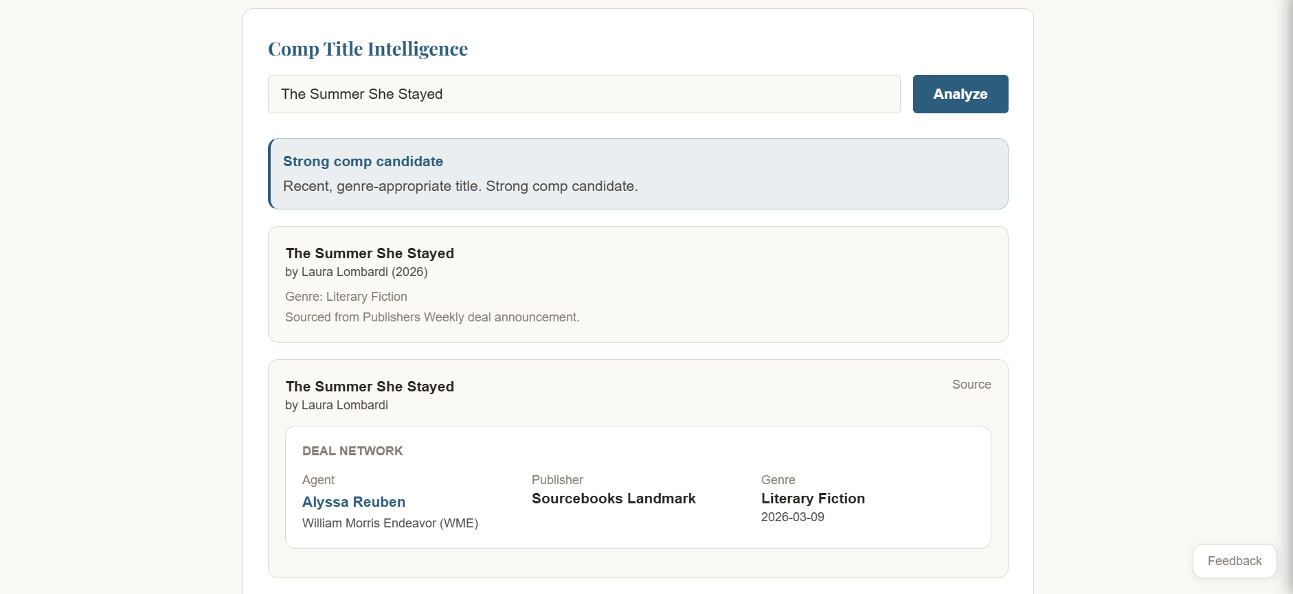 Galley Research Comps showing comp title analysis with verdict and recommendations