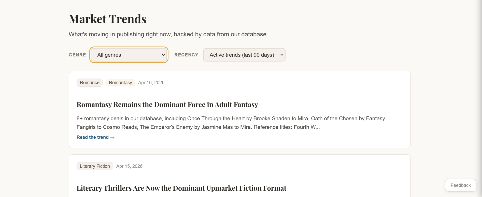 Galley Trends showing market movement cards with evidence and timestamps